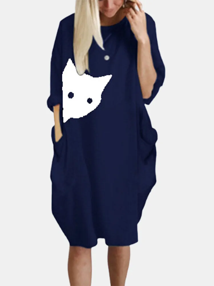 Cat Print Round Neck Long Sleeve Casual Double Pocket Women Midi Dress