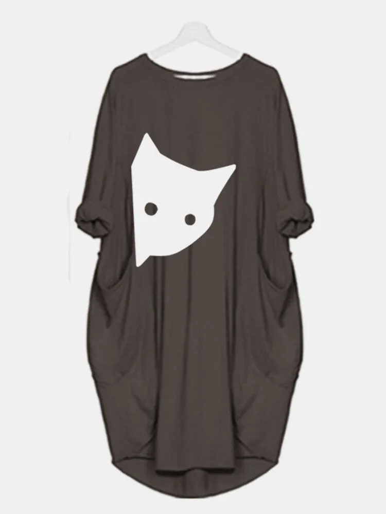 Cat Print Round Neck Long Sleeve Casual Double Pocket Women Midi Dress
