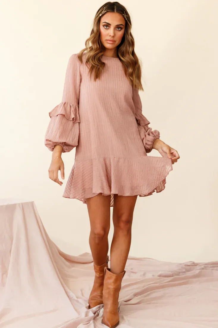Cate Crew Neckline Balloon Sleeve Frill Dress Rose