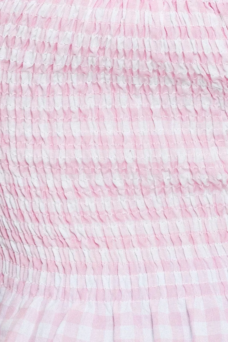 Check Crop T Shirt Short Sleeve Square Neck