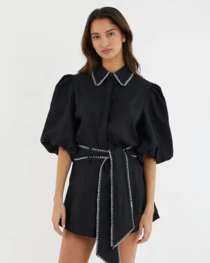 Chloe Stitch Detail Linen Shirt - Black