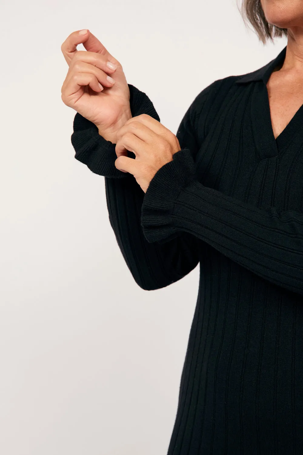Collared Knitted Swing Dress in Black