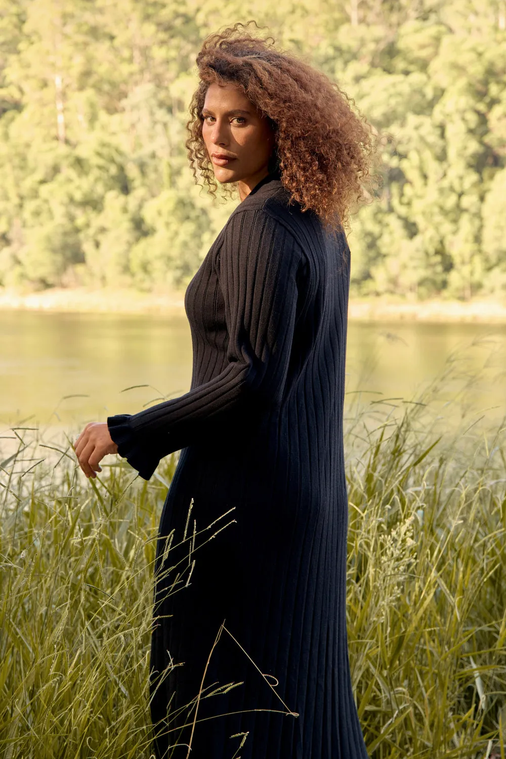 Collared Knitted Swing Dress in Black