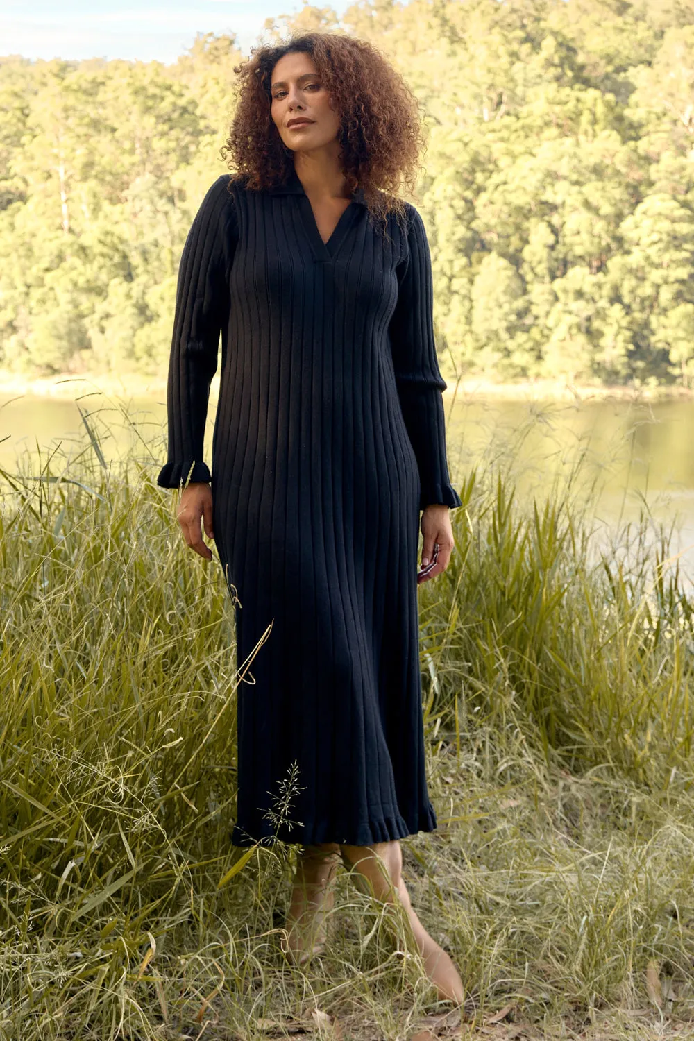 Collared Knitted Swing Dress in Black