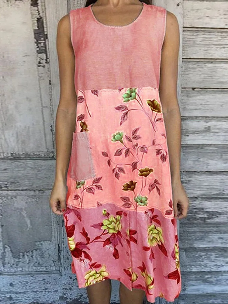 Color Block Floral Print Round Neck Sleeveless Casual Women Midi Dress