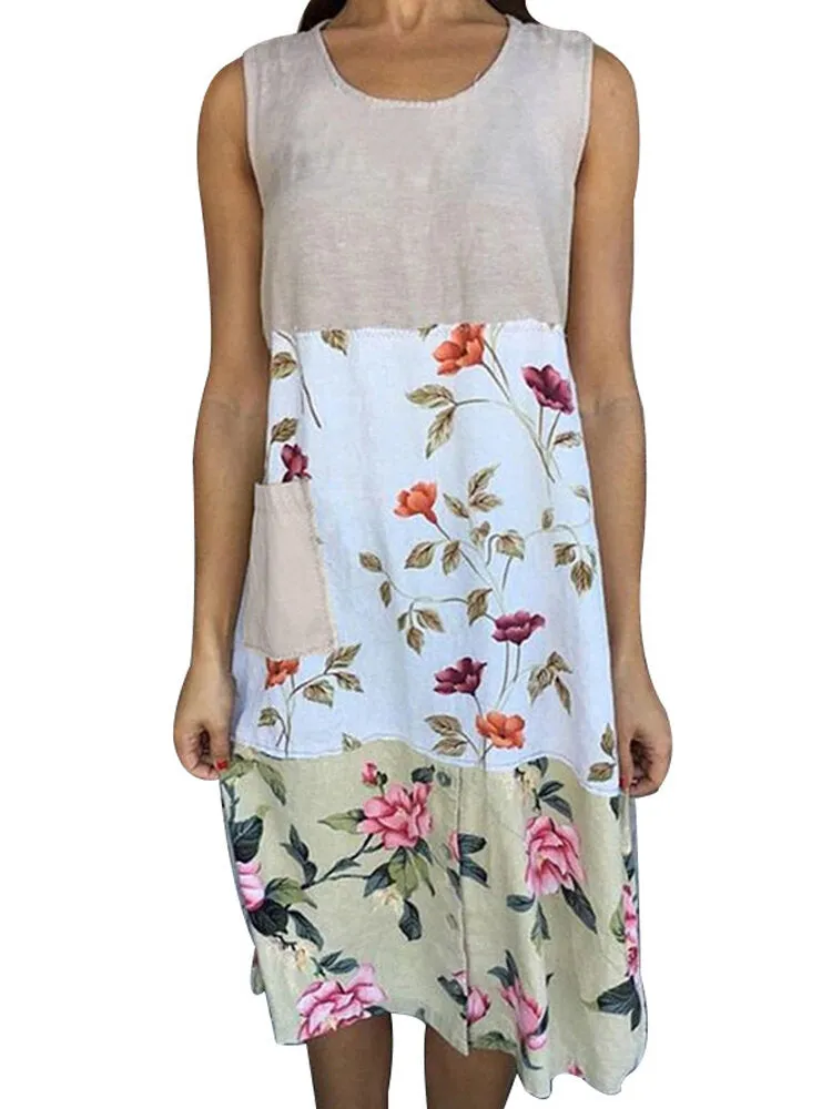 Color Block Floral Print Round Neck Sleeveless Casual Women Midi Dress