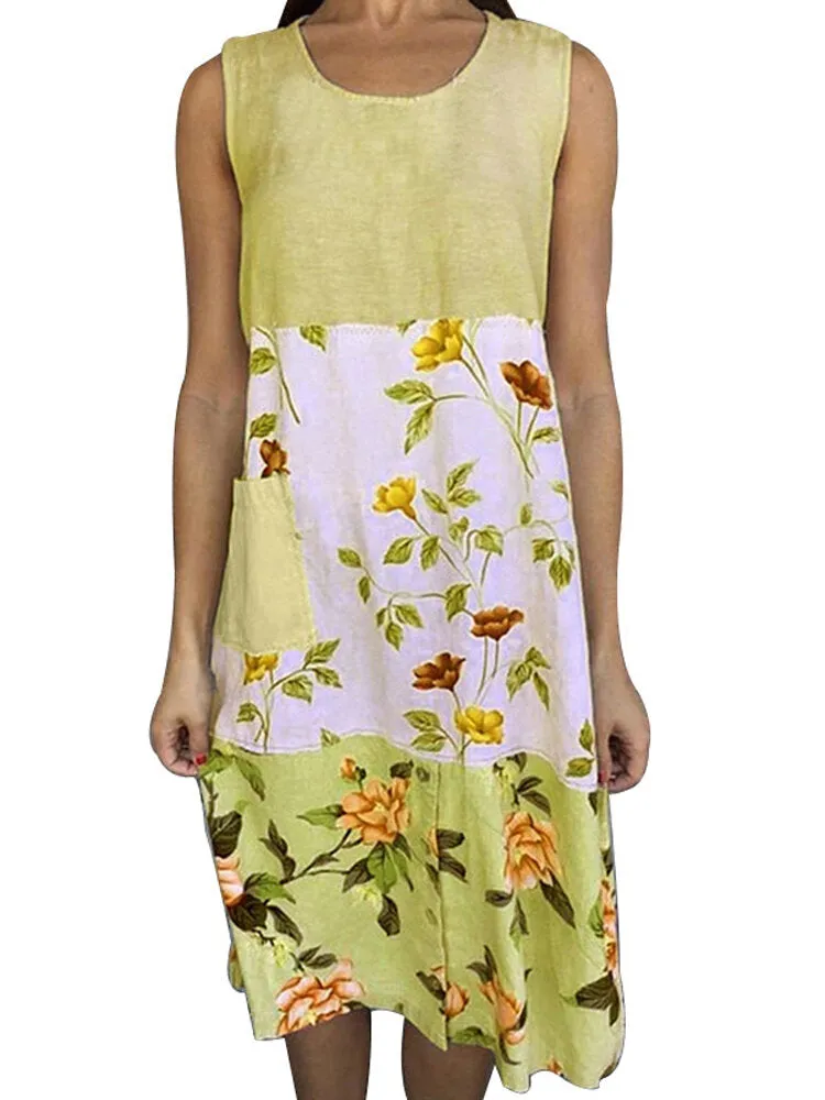 Color Block Floral Print Round Neck Sleeveless Casual Women Midi Dress