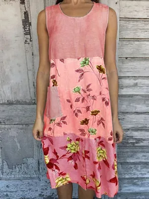 Color Block Floral Print Round Neck Sleeveless Casual Women Midi Dress