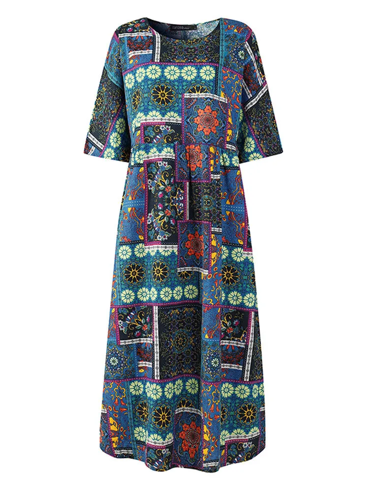 Colorful Maxi Dress O-neck Floral Dress For Women