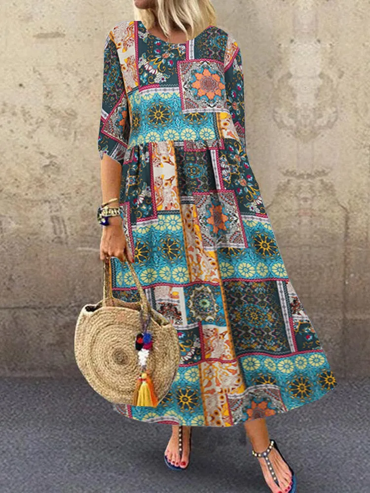 Colorful Maxi Dress O-neck Floral Dress For Women