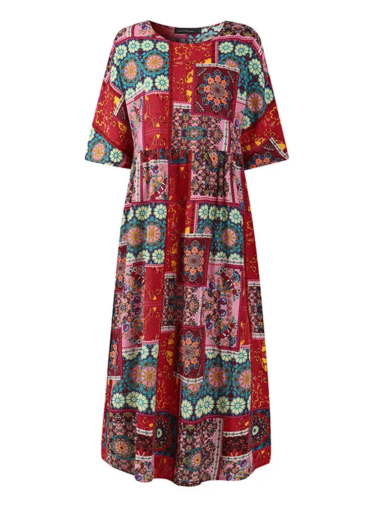 Colorful Maxi Dress O-neck Floral Dress For Women