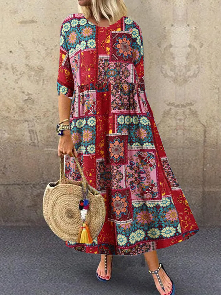 Colorful Maxi Dress O-neck Floral Dress For Women