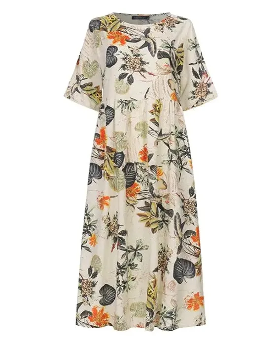 Colorful Maxi Dress O-neck Floral Dress For Women