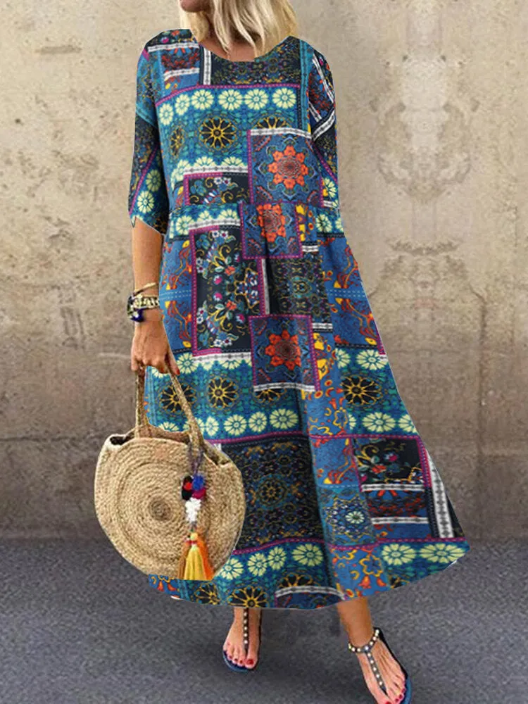 Colorful Maxi Dress O-neck Floral Dress For Women