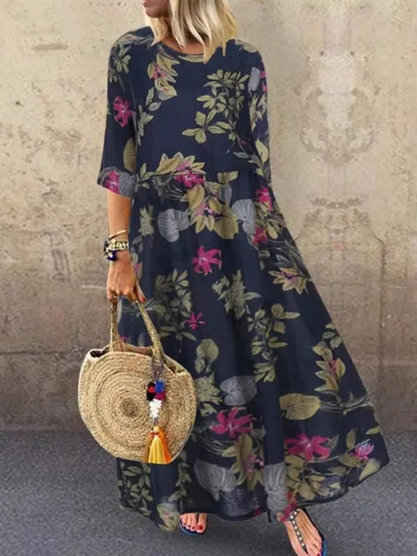 Colorful Maxi Dress O-neck Floral Dress For Women