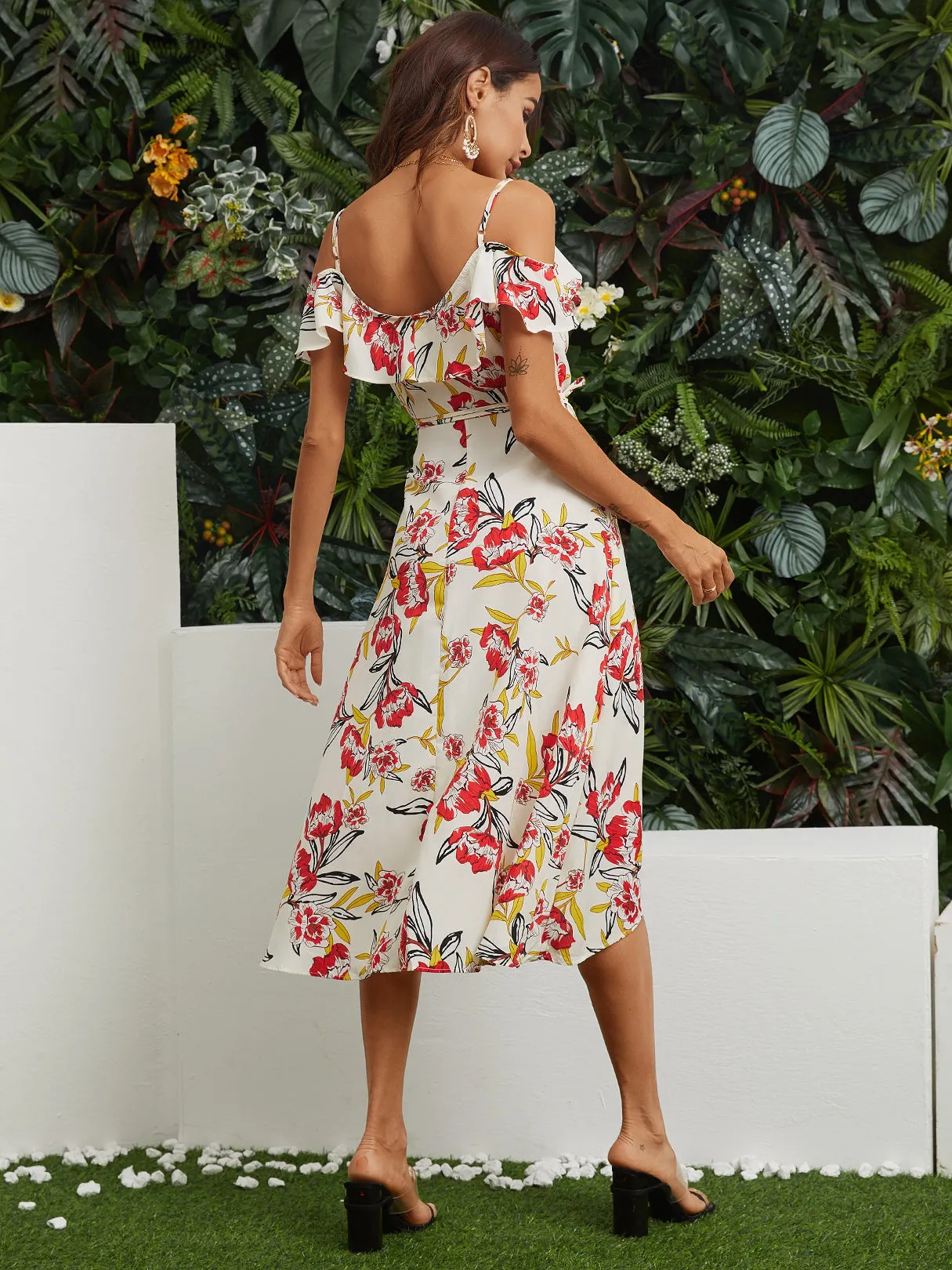 Colorful Random Floral Print Off Shoulder Casual Midi Dress