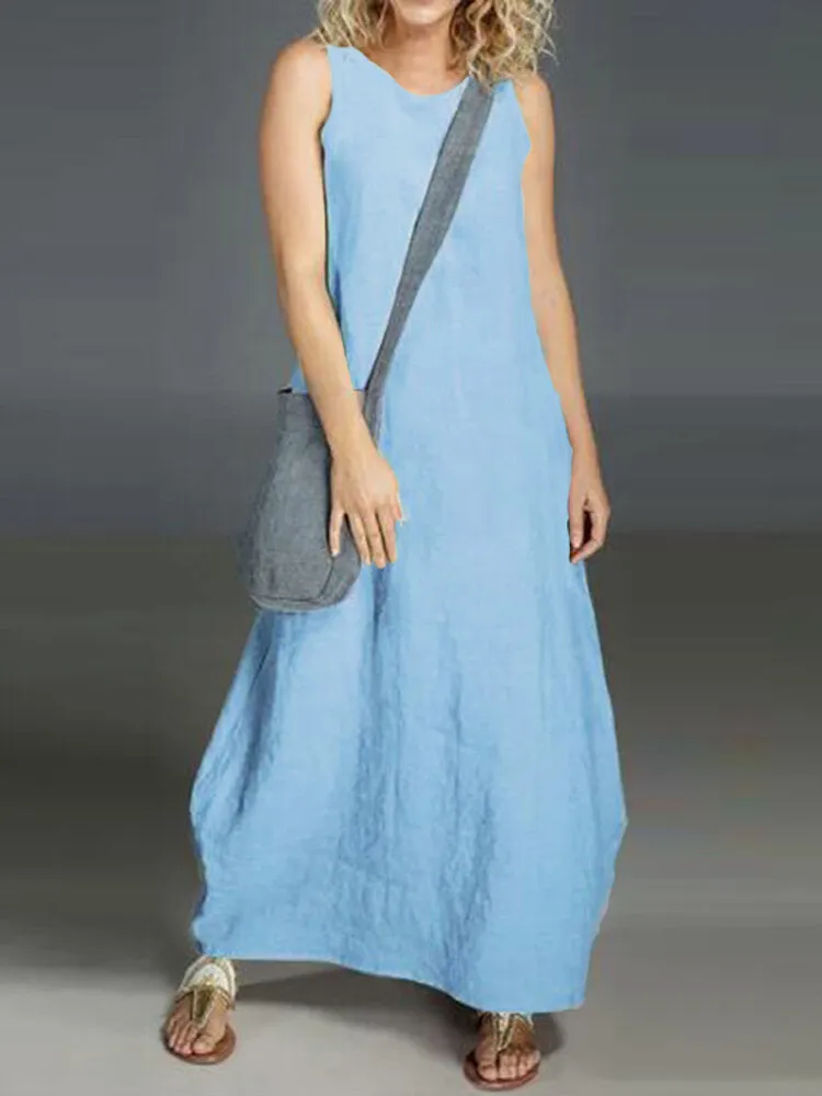 Cotton Casual O-neck Pure Color Sleeveless Women Maxi Dress
