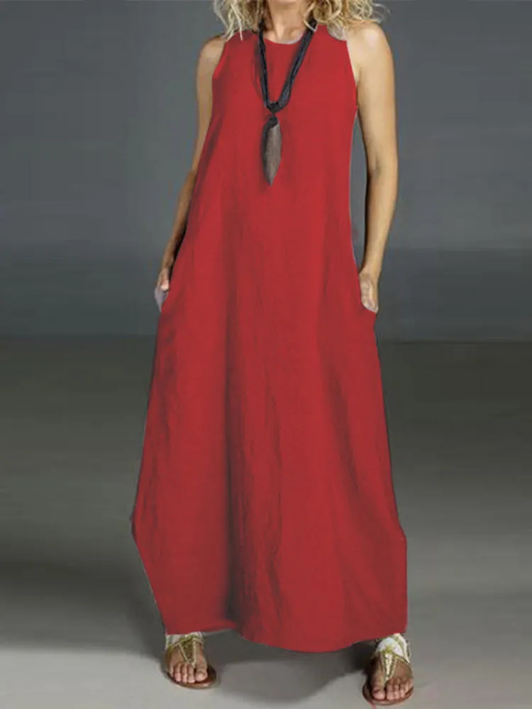 Cotton Casual O-neck Pure Color Sleeveless Women Maxi Dress