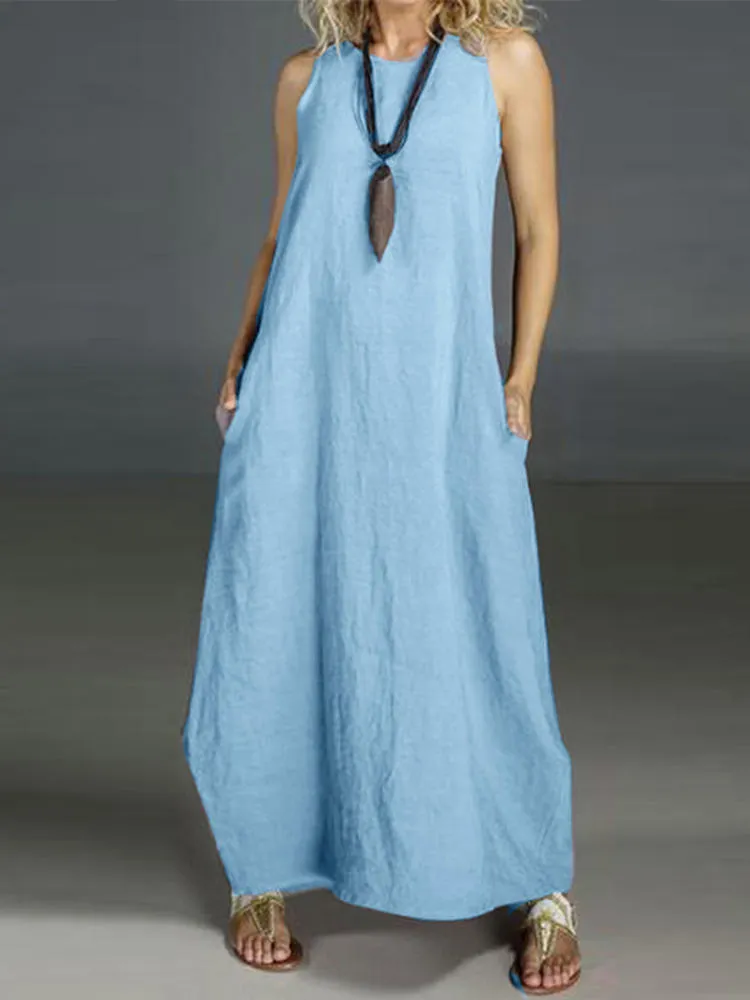 Cotton Casual O-neck Pure Color Sleeveless Women Maxi Dress
