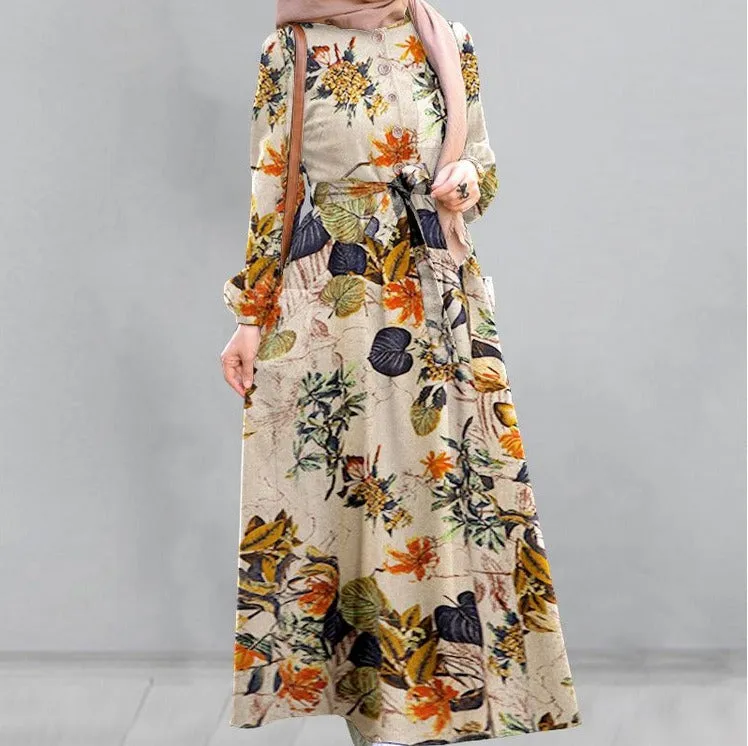 Cotton Floral Print Puff Sleeve Pleated Pockets Loose Robe Vintage Women Maxi Dress