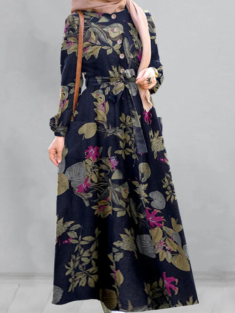Cotton Floral Print Puff Sleeve Pleated Pockets Loose Robe Vintage Women Maxi Dress
