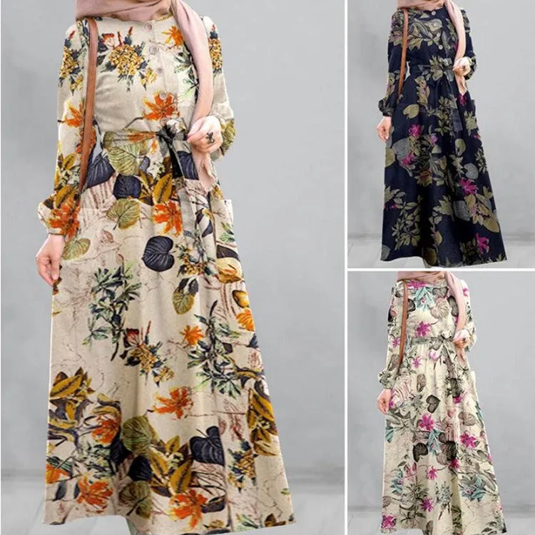 Cotton Floral Print Puff Sleeve Pleated Pockets Loose Robe Vintage Women Maxi Dress