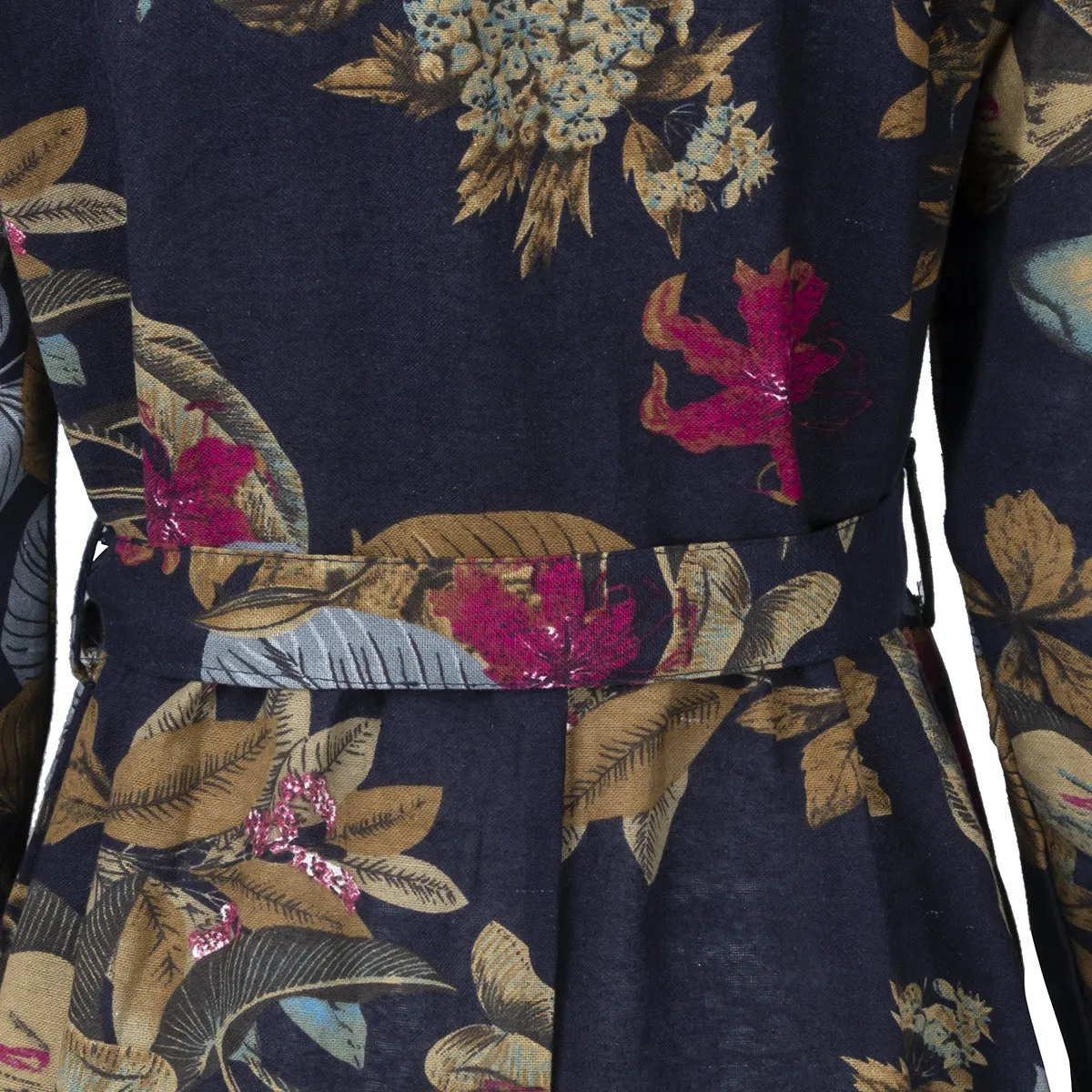Cotton Floral Print Puff Sleeve Pleated Pockets Loose Robe Vintage Women Maxi Dress