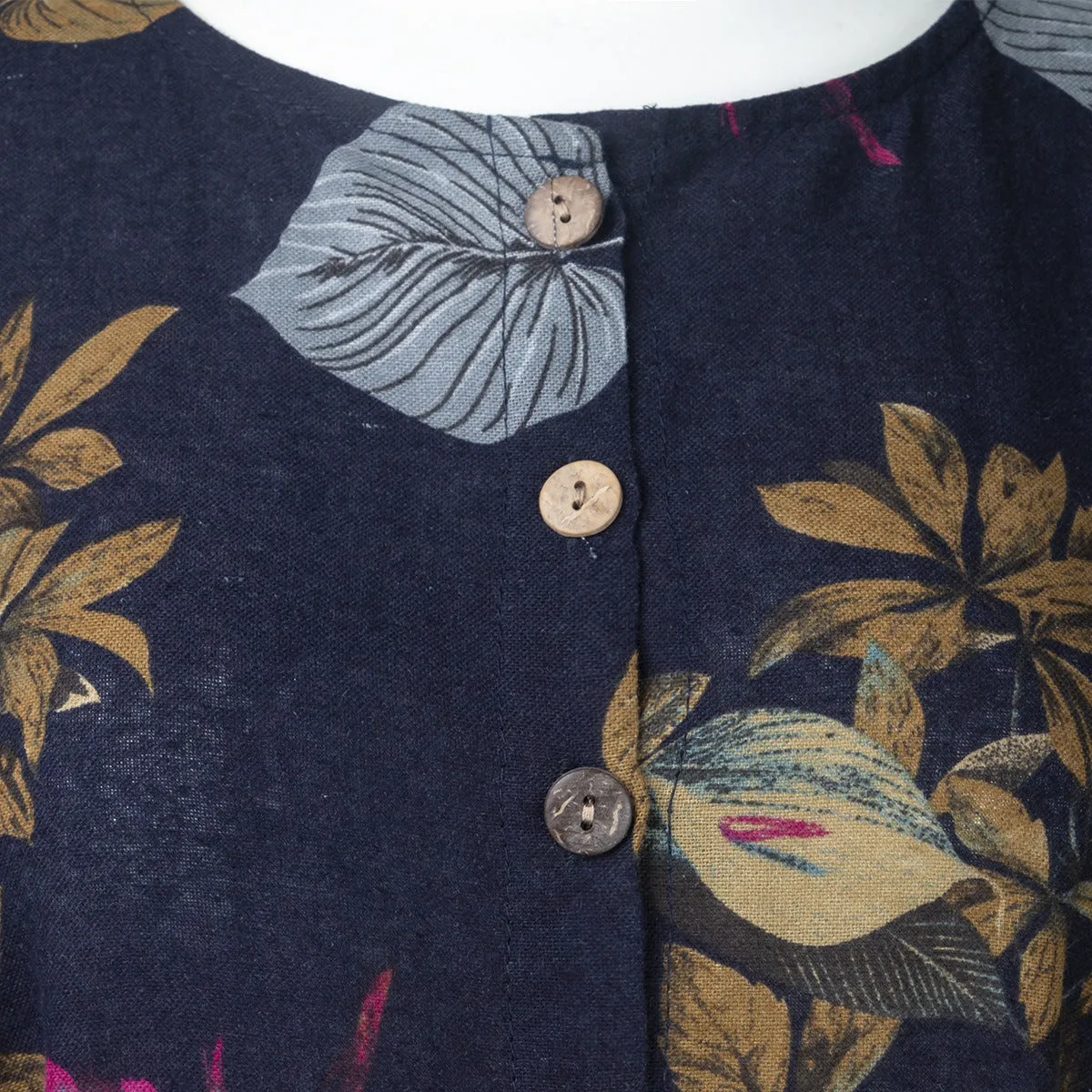 Cotton Floral Print Puff Sleeve Pleated Pockets Loose Robe Vintage Women Maxi Dress