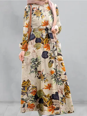 Cotton Floral Print Puff Sleeve Pleated Pockets Loose Robe Vintage Women Maxi Dress