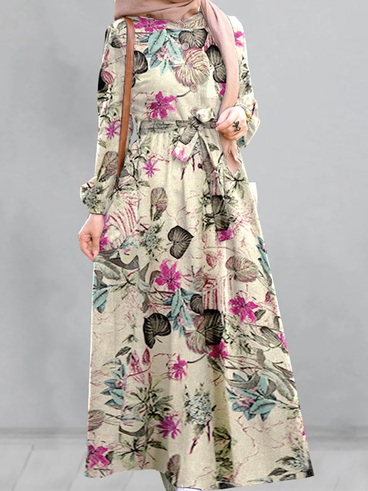 Cotton Floral Print Puff Sleeve Pleated Pockets Loose Robe Vintage Women Maxi Dress