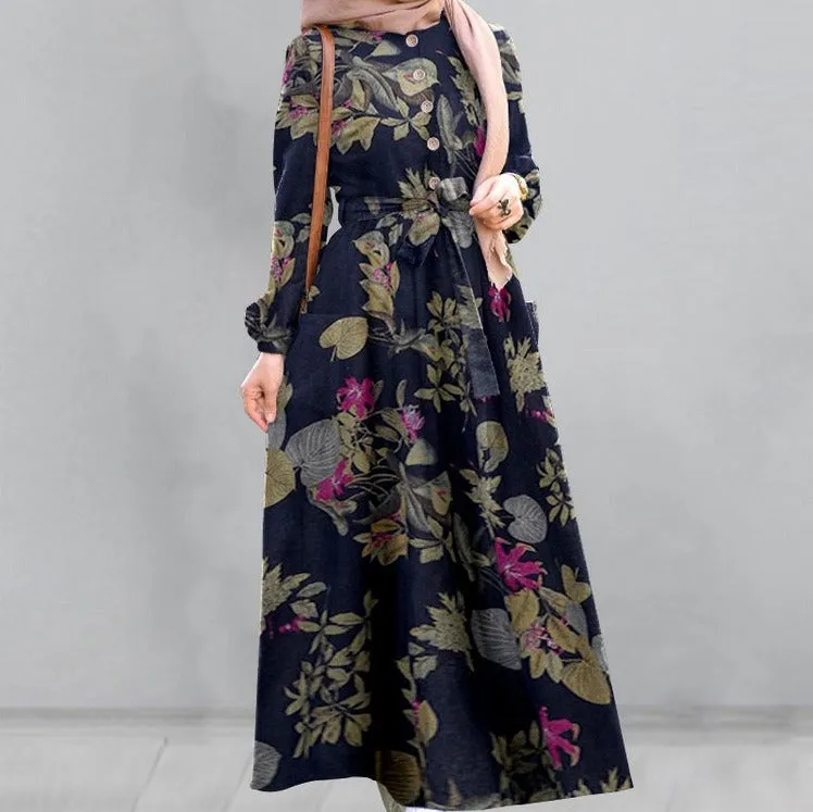 Cotton Floral Print Puff Sleeve Pleated Pockets Loose Robe Vintage Women Maxi Dress