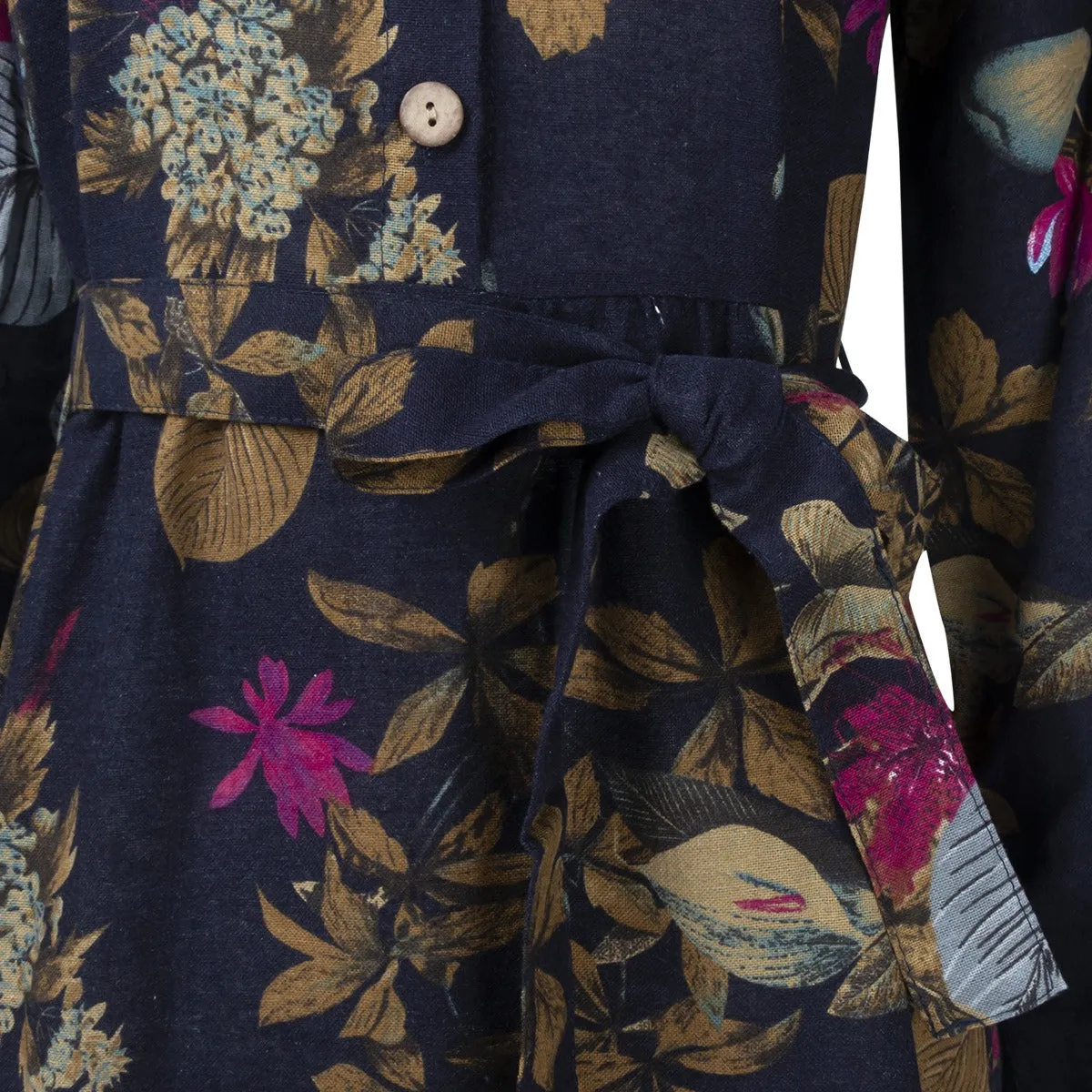 Cotton Floral Print Puff Sleeve Pleated Pockets Loose Robe Vintage Women Maxi Dress