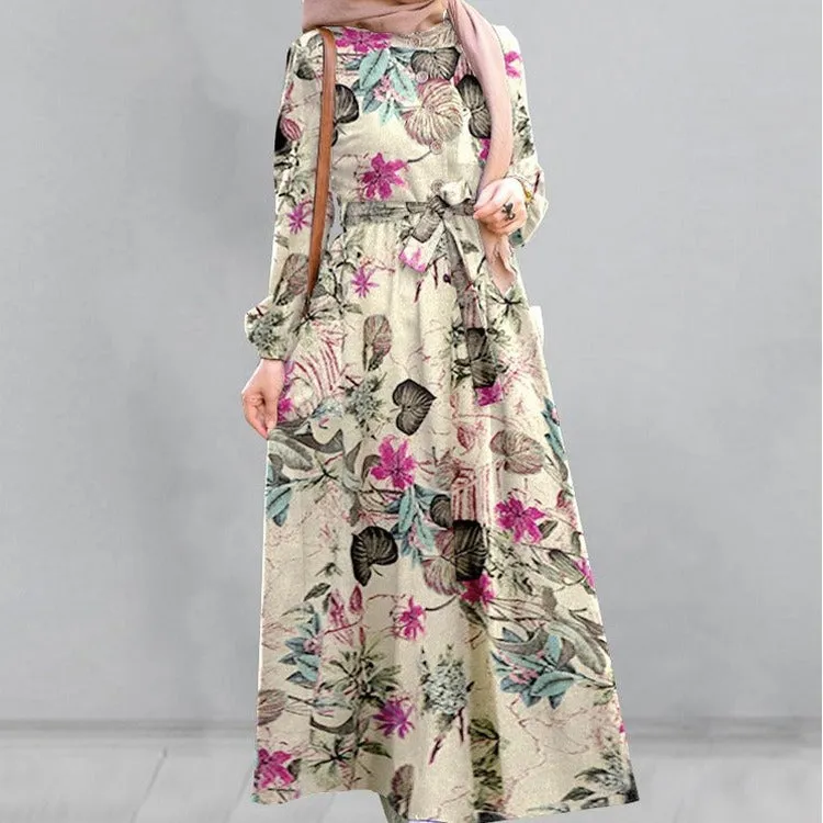 Cotton Floral Print Puff Sleeve Pleated Pockets Loose Robe Vintage Women Maxi Dress