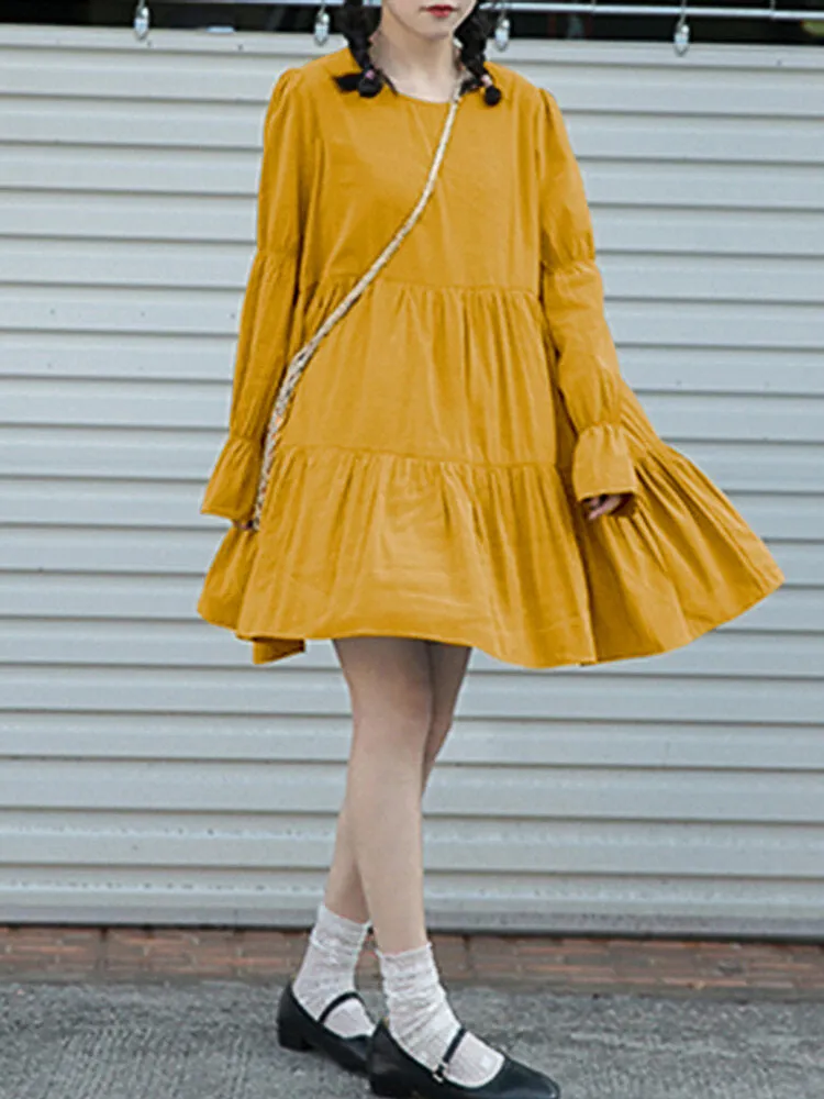 Cotton Loose Pure Color Pleats O-neck Long Sleeve Casual Women Midi Dress