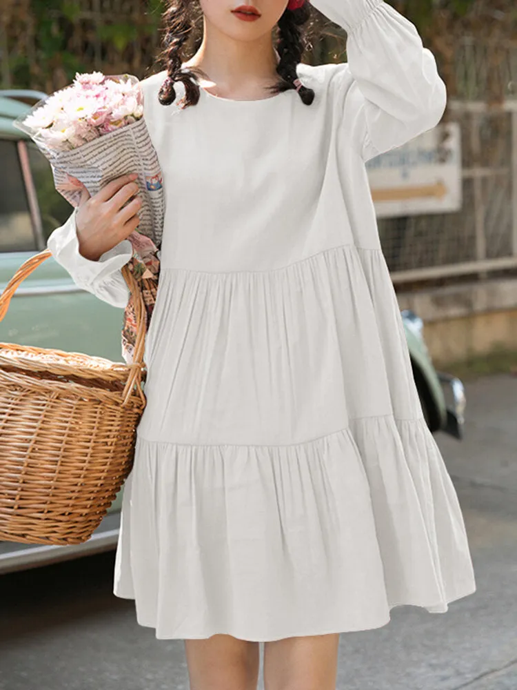 Cotton Loose Pure Color Pleats O-neck Long Sleeve Casual Women Midi Dress