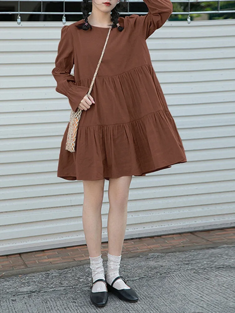 Cotton Loose Pure Color Pleats O-neck Long Sleeve Casual Women Midi Dress