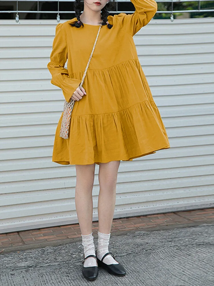 Cotton Loose Pure Color Pleats O-neck Long Sleeve Casual Women Midi Dress