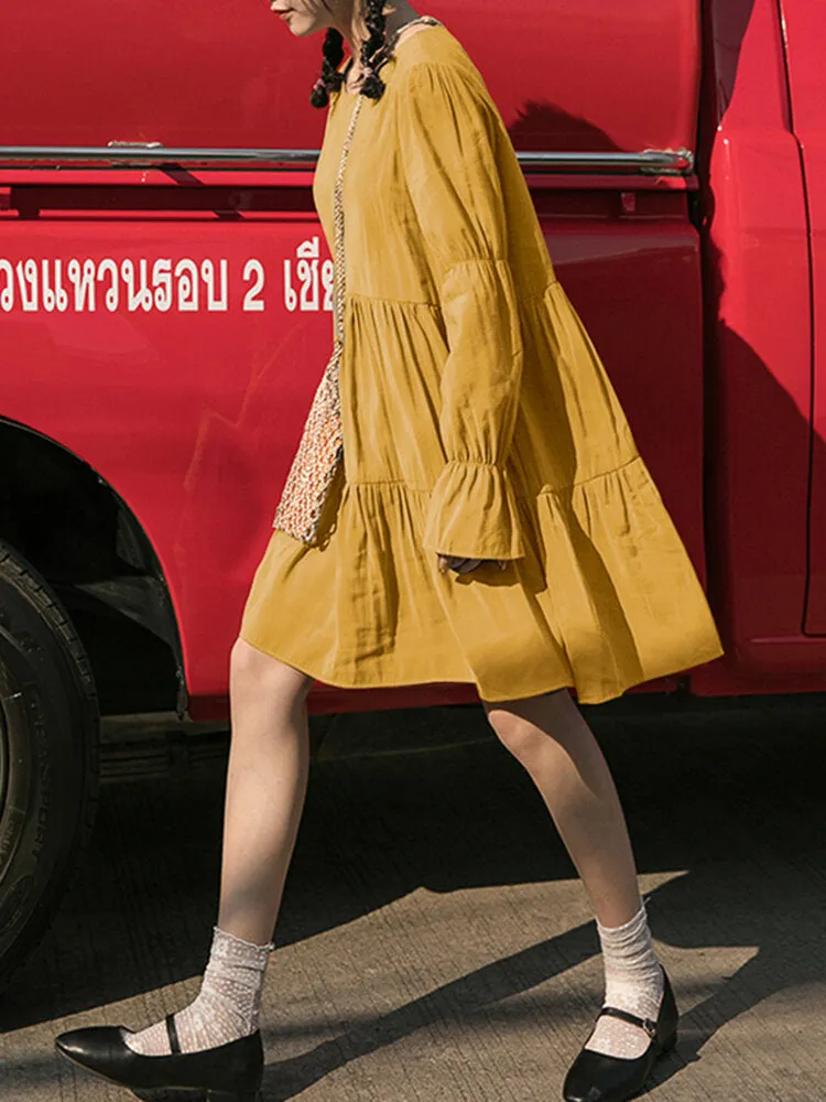 Cotton Loose Pure Color Pleats O-neck Long Sleeve Casual Women Midi Dress