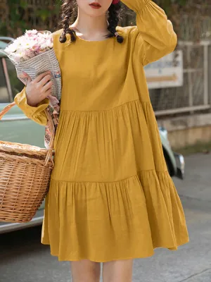 Cotton Loose Pure Color Pleats O-neck Long Sleeve Casual Women Midi Dress