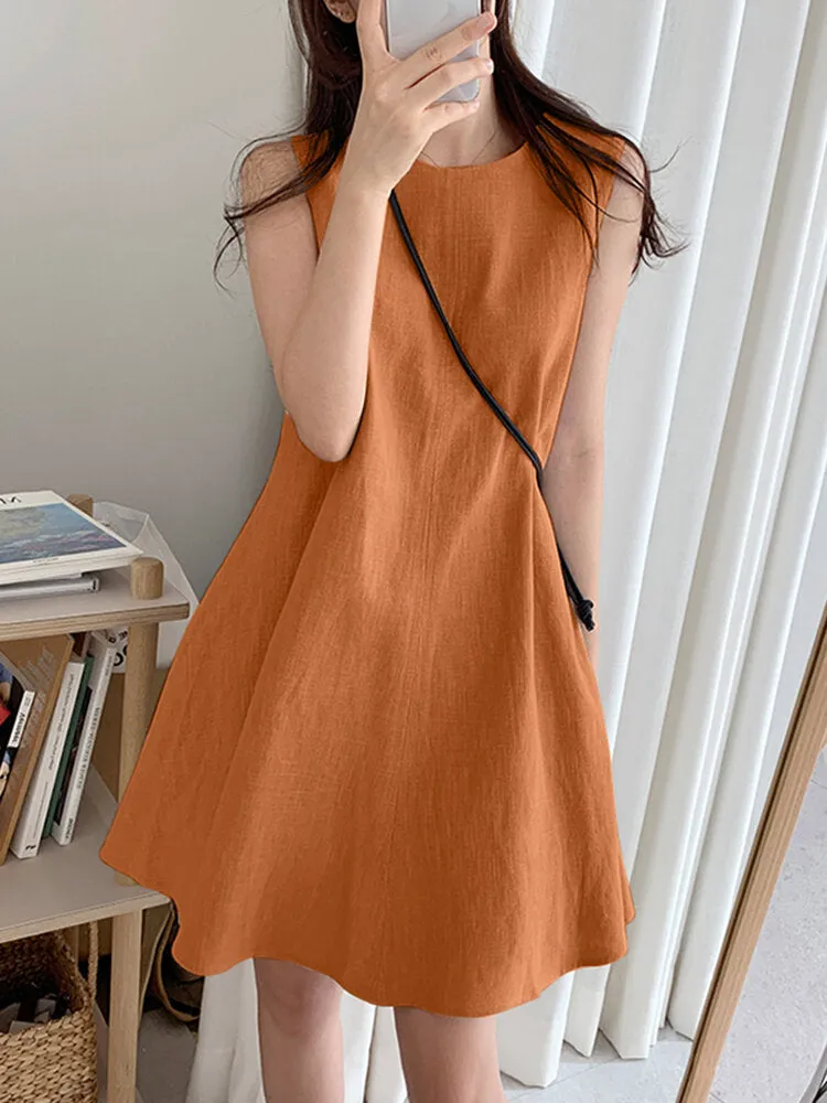 Cotton Pure Color Round Neck Sleeveless Casual Women Mini Dress