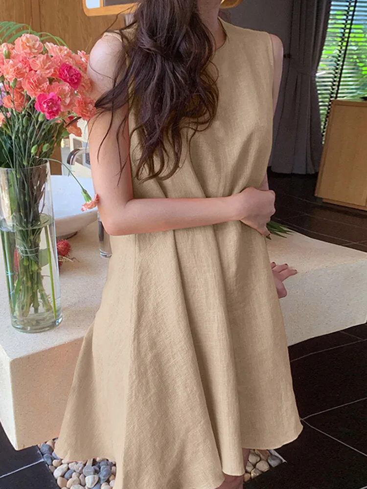 Cotton Pure Color Round Neck Sleeveless Casual Women Mini Dress