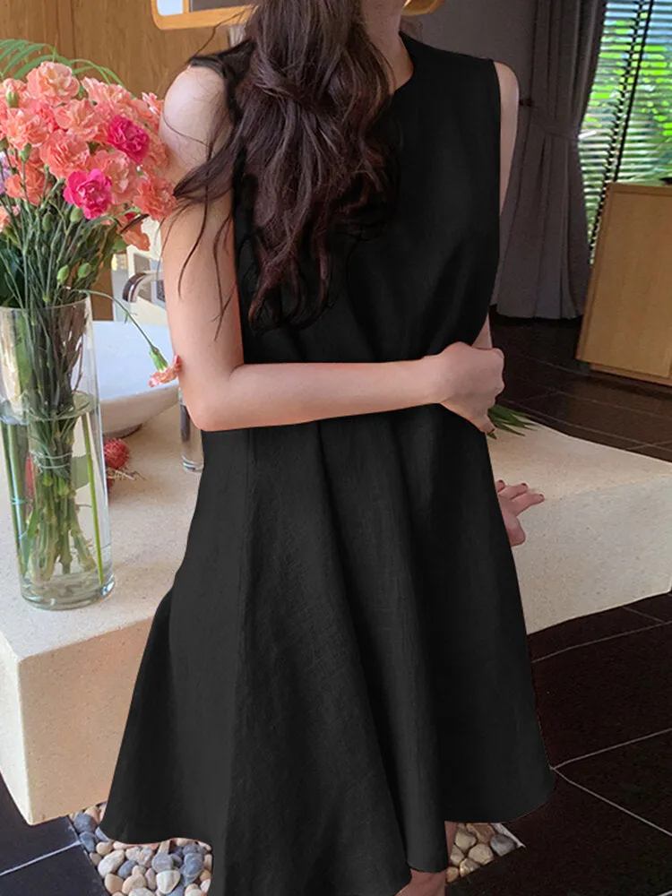 Cotton Pure Color Round Neck Sleeveless Casual Women Mini Dress