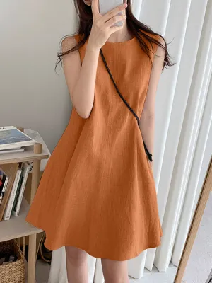 Cotton Pure Color Round Neck Sleeveless Casual Women Mini Dress