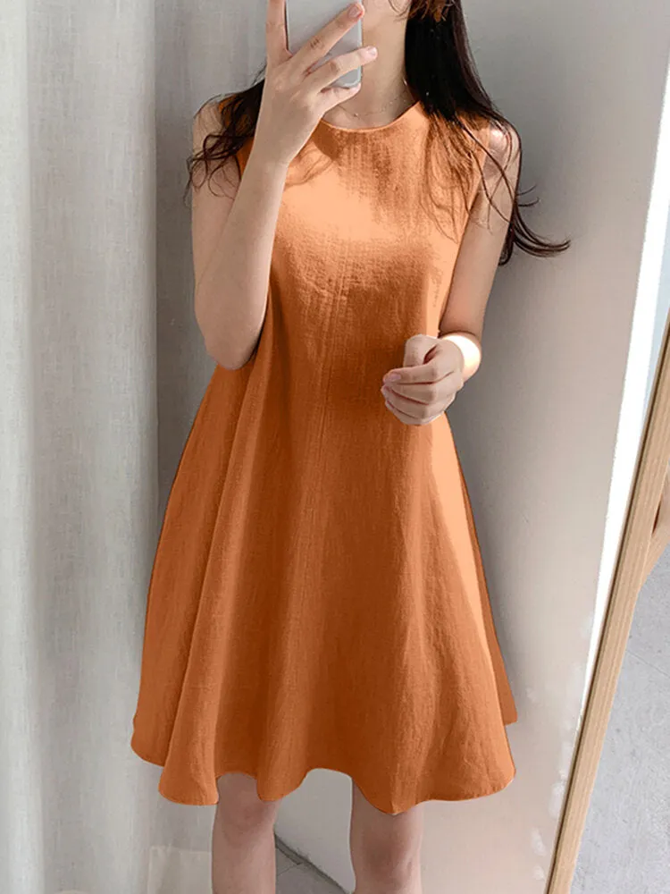 Cotton Pure Color Round Neck Sleeveless Casual Women Mini Dress