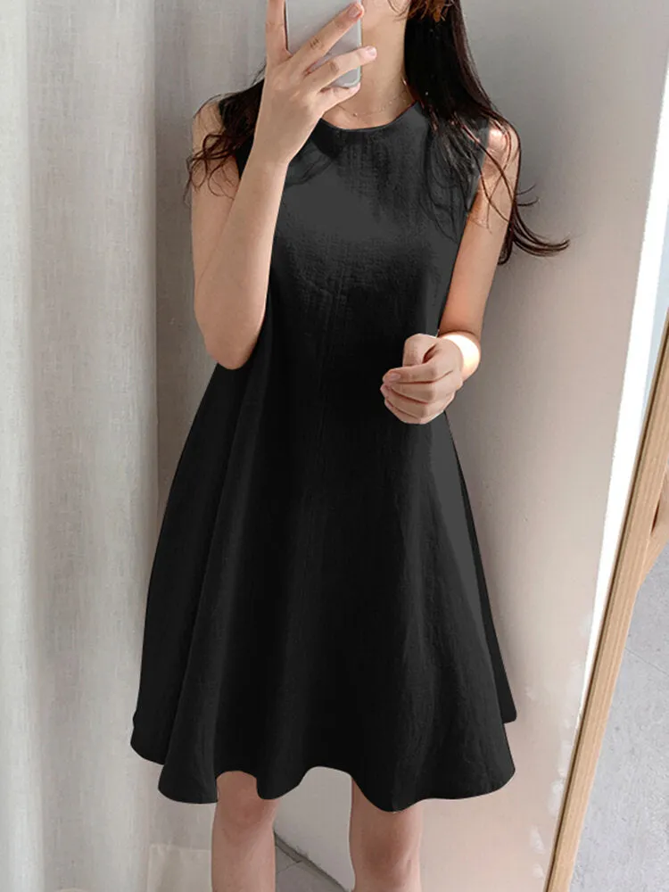 Cotton Pure Color Round Neck Sleeveless Casual Women Mini Dress