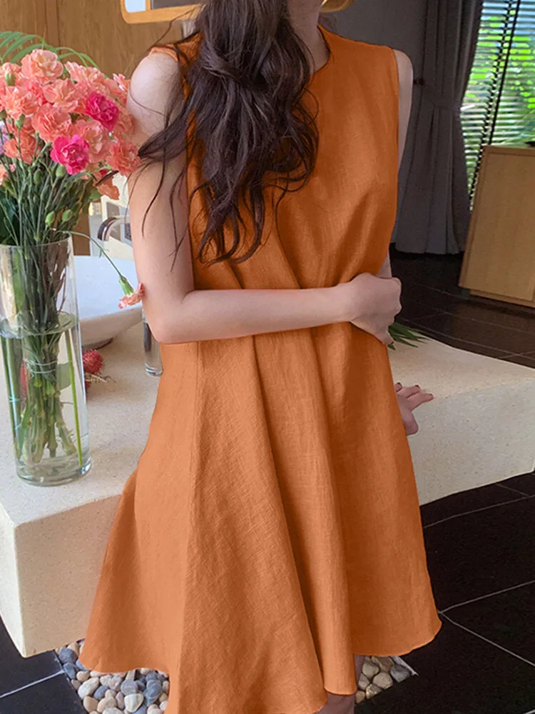 Cotton Pure Color Round Neck Sleeveless Casual Women Mini Dress