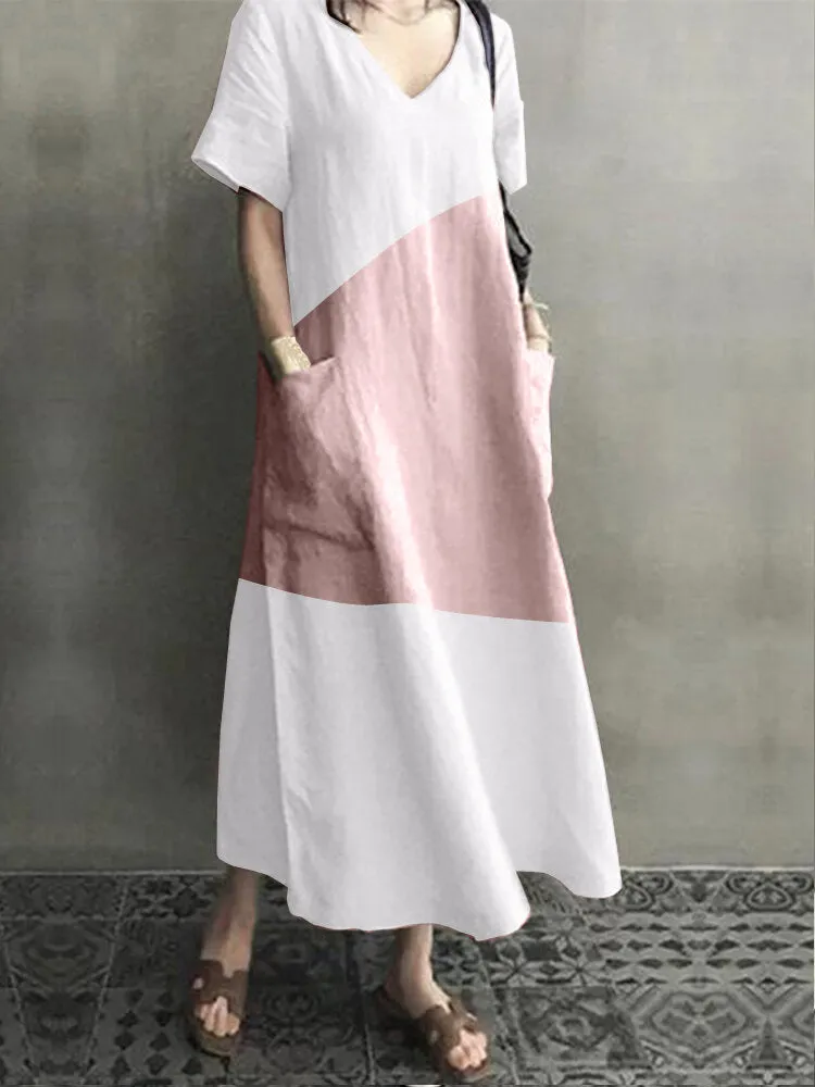 Cotton V-neck Short Sleeve Color Patchwork Pocket Loose Casual Women Maxi Dress