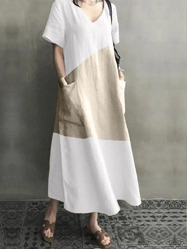 Cotton V-neck Short Sleeve Color Patchwork Pocket Loose Casual Women Maxi Dress