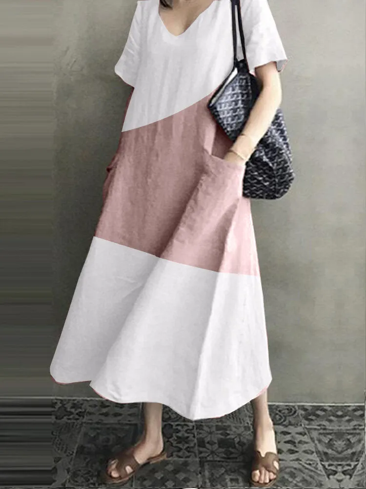 Cotton V-neck Short Sleeve Color Patchwork Pocket Loose Casual Women Maxi Dress