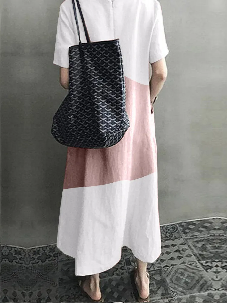Cotton V-neck Short Sleeve Color Patchwork Pocket Loose Casual Women Maxi Dress